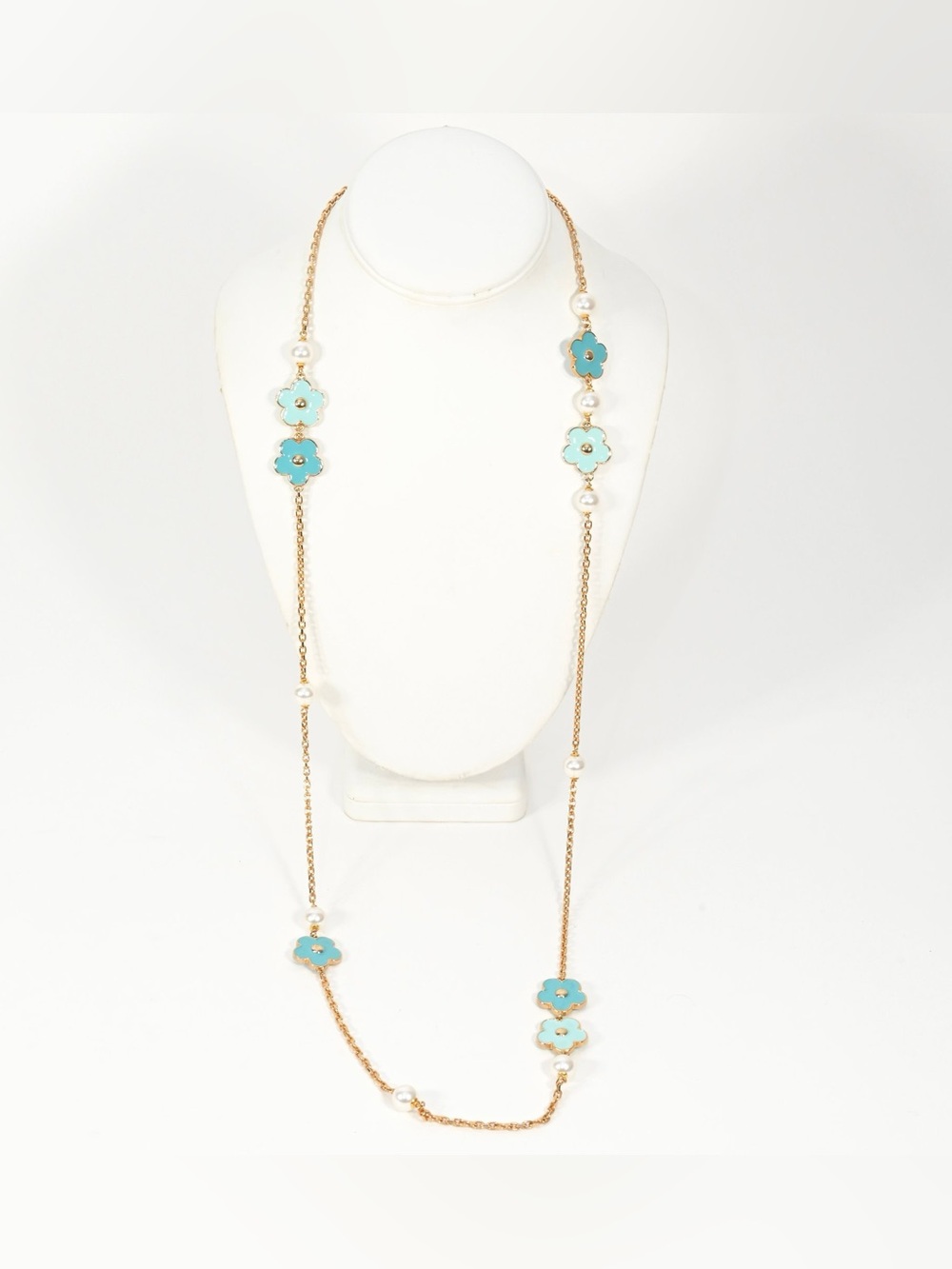 Gold Tone Turquoise Clover And Pearl Station Necklace
